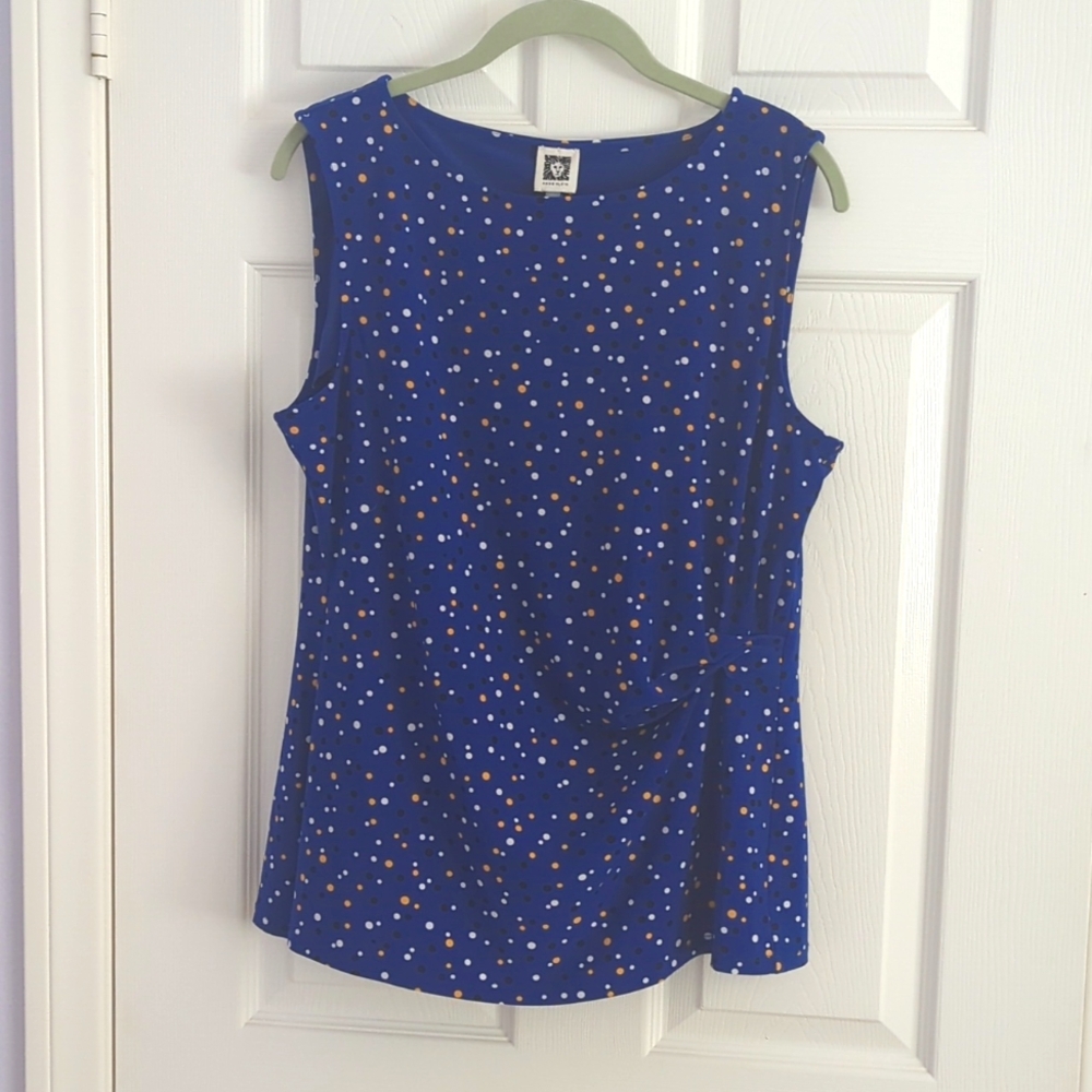 NWT Anne Klein Royal Blue Dot Print Polyester Elastane Blend Sleeveless Top Sz L